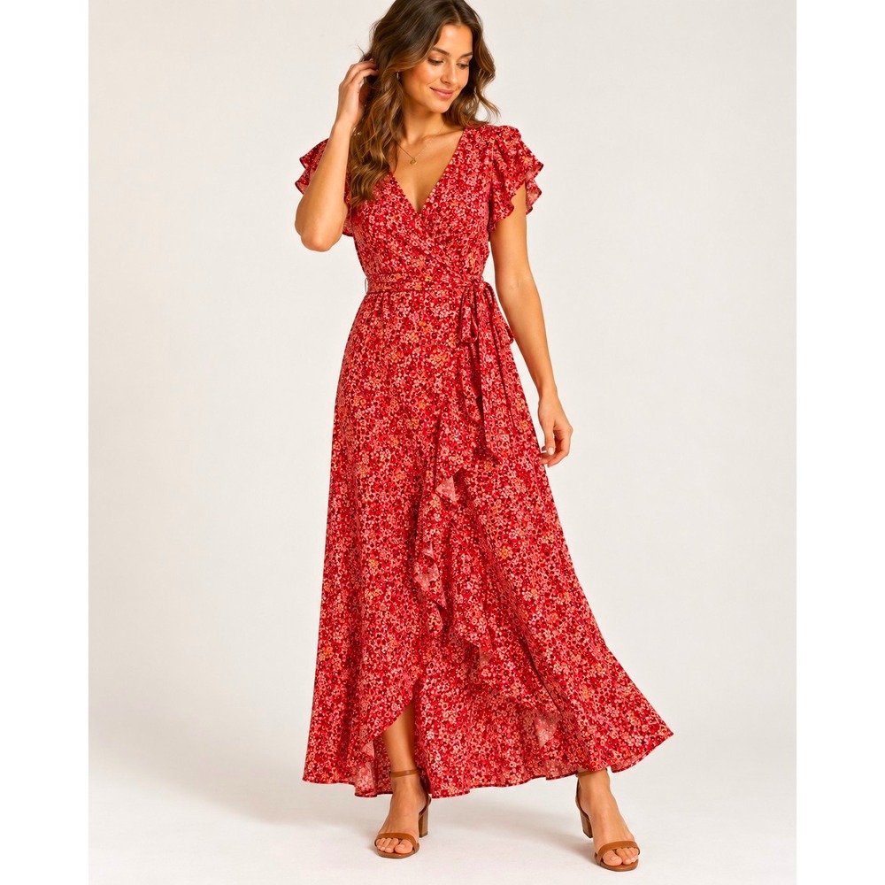 Max Studio Red Floral Ruffle Wrap Maxi Dress Flutter Sleeve Boho Feminine L